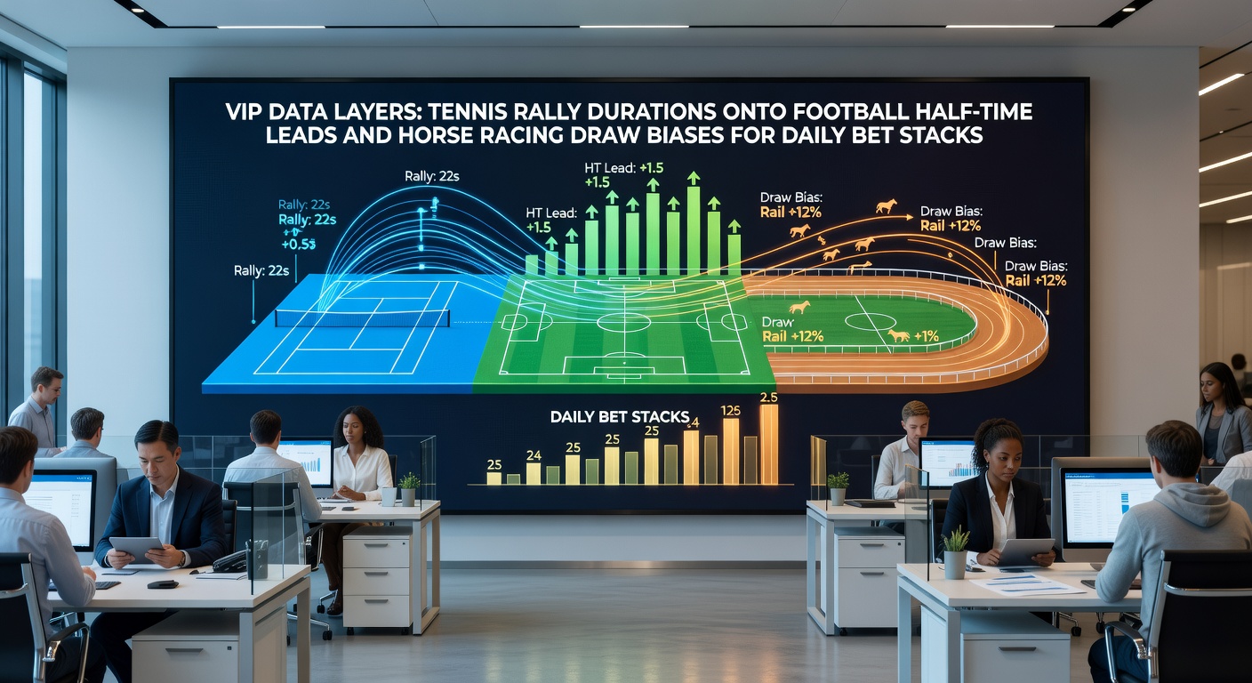 Visualization of layered sports data showing tennis rallies, football halftime scores, and horse racing track draws in an accumulator betting framework