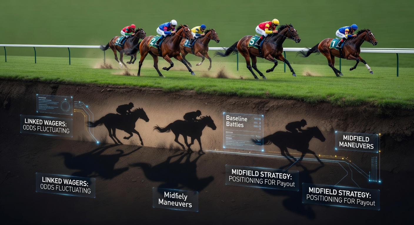 A jockey leaning low over a galloping horse on a turf track, shadowed by competitors, with a blurred stadium crowd in the background