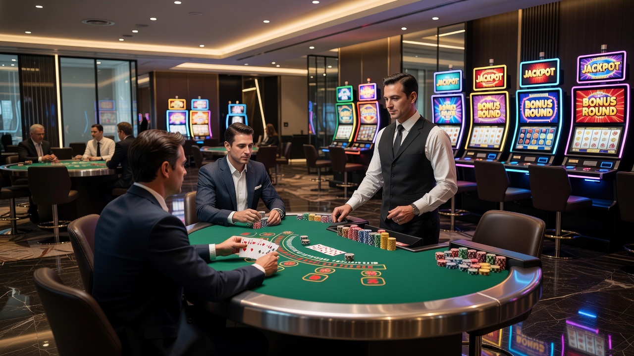 Detailed view of roulette wheel and blackjack table layouts used in casino environments