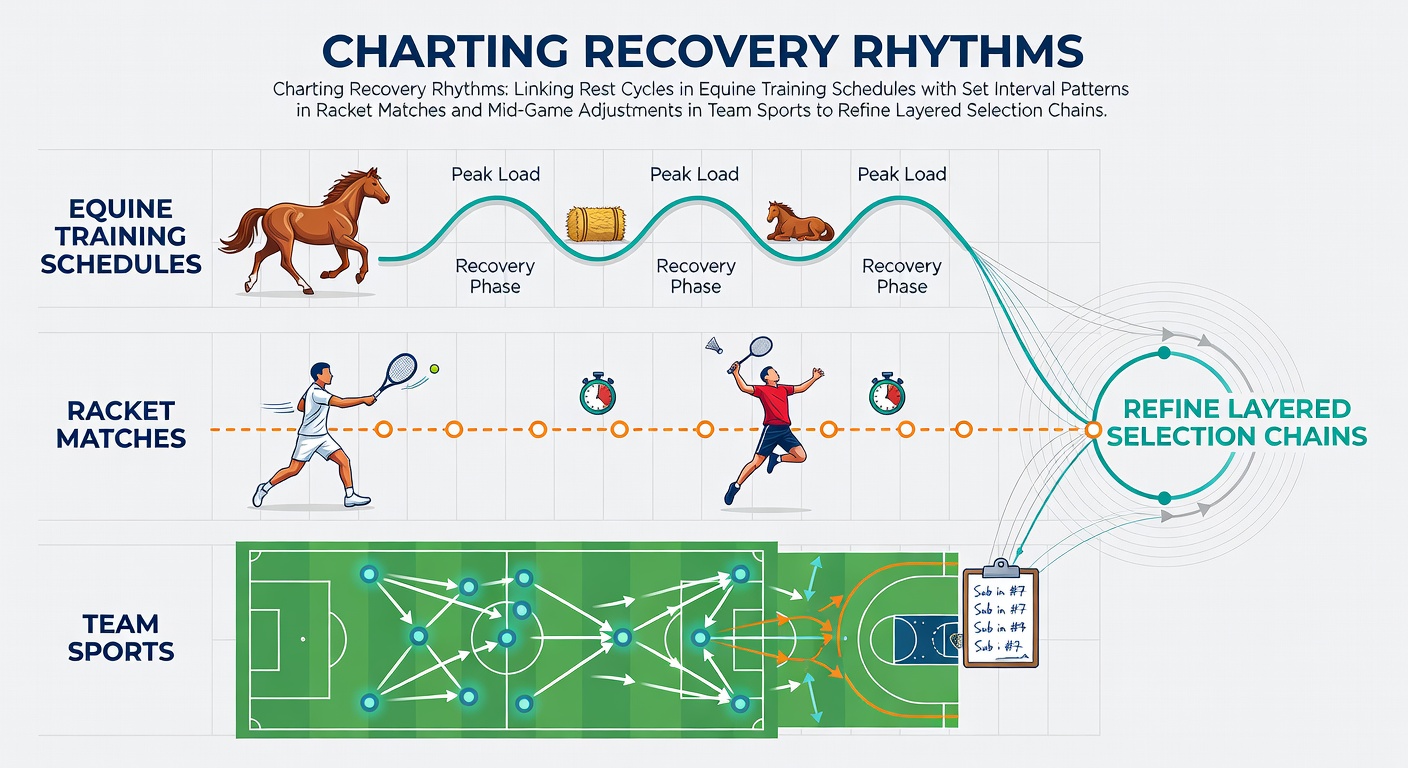 Visual representation of recovery rhythms linking equine training rest cycles, tennis set intervals, and team sports mid-game adjustments