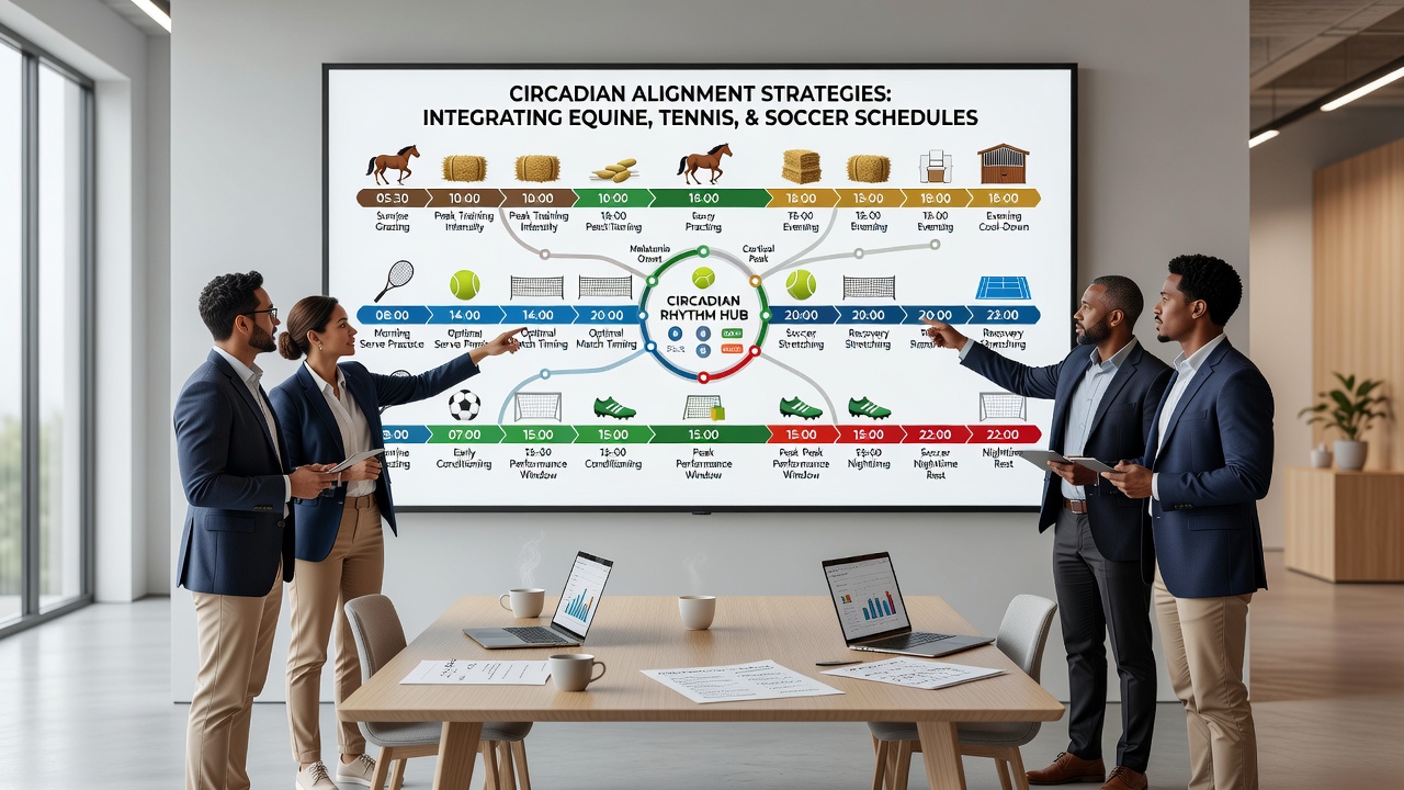 Integrated circadian timeline graphic connecting horse stable routines, tennis practice blocks, and soccer match slots