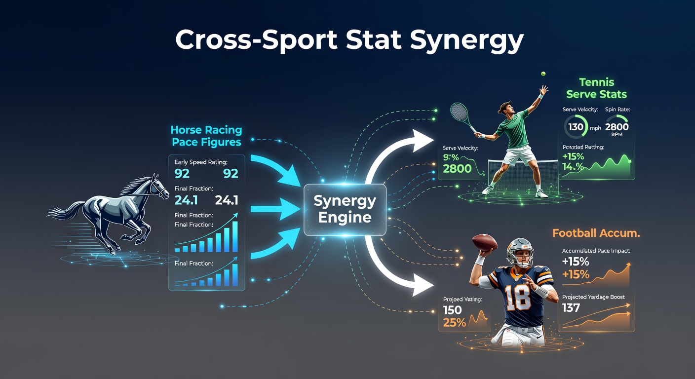 Infographic depicting horse pace figures integrated with tennis serve velocity charts and football possession maps, illustrating synergy in accumulator modeling
