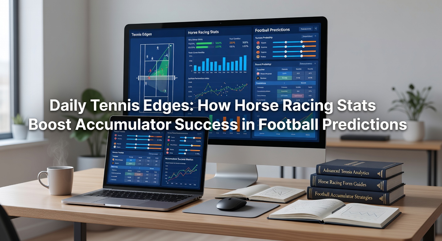 Horse racing at Cheltenham Festival with overlaid football pitch and tennis net graphics, showing interconnected statistical arrows linking pace ratings to match predictions
