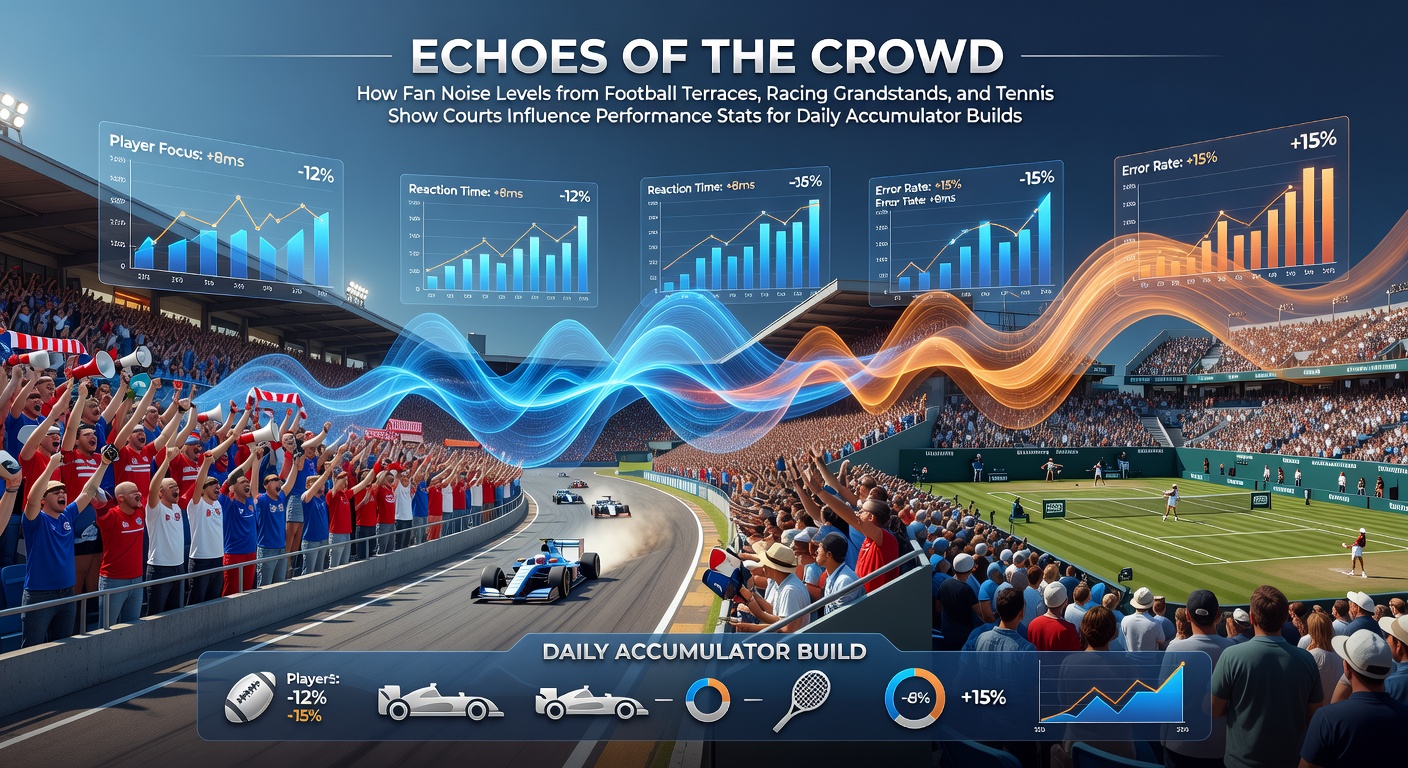 Roaring football crowd filling terraces during a high-stakes match, waves of sound visibly impacting players on the pitch
