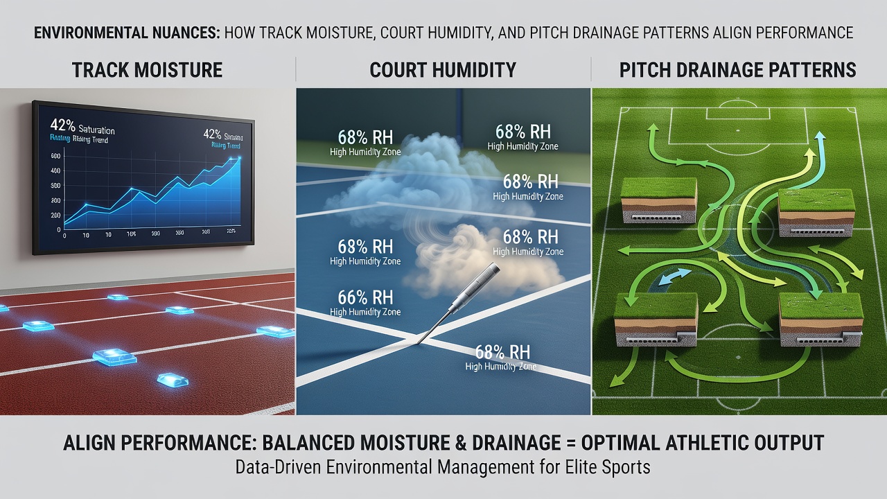 Football pitch drainage patterns correlated with environmental data from racing and tennis surfaces
