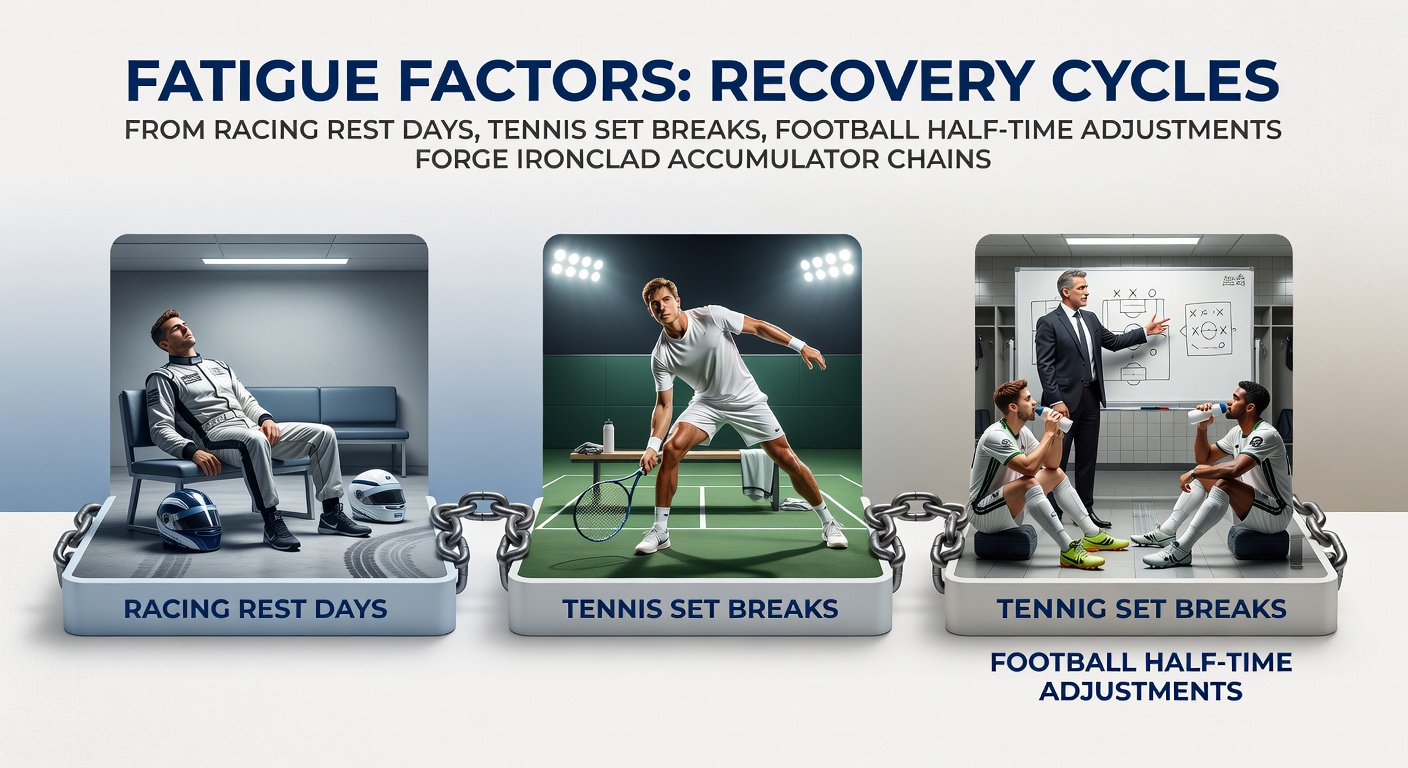 Horse racer recovering post-rest day, tennis player during set break, football team adjusting at half-time, illustrating fatigue recovery cycles in sports betting accumulators