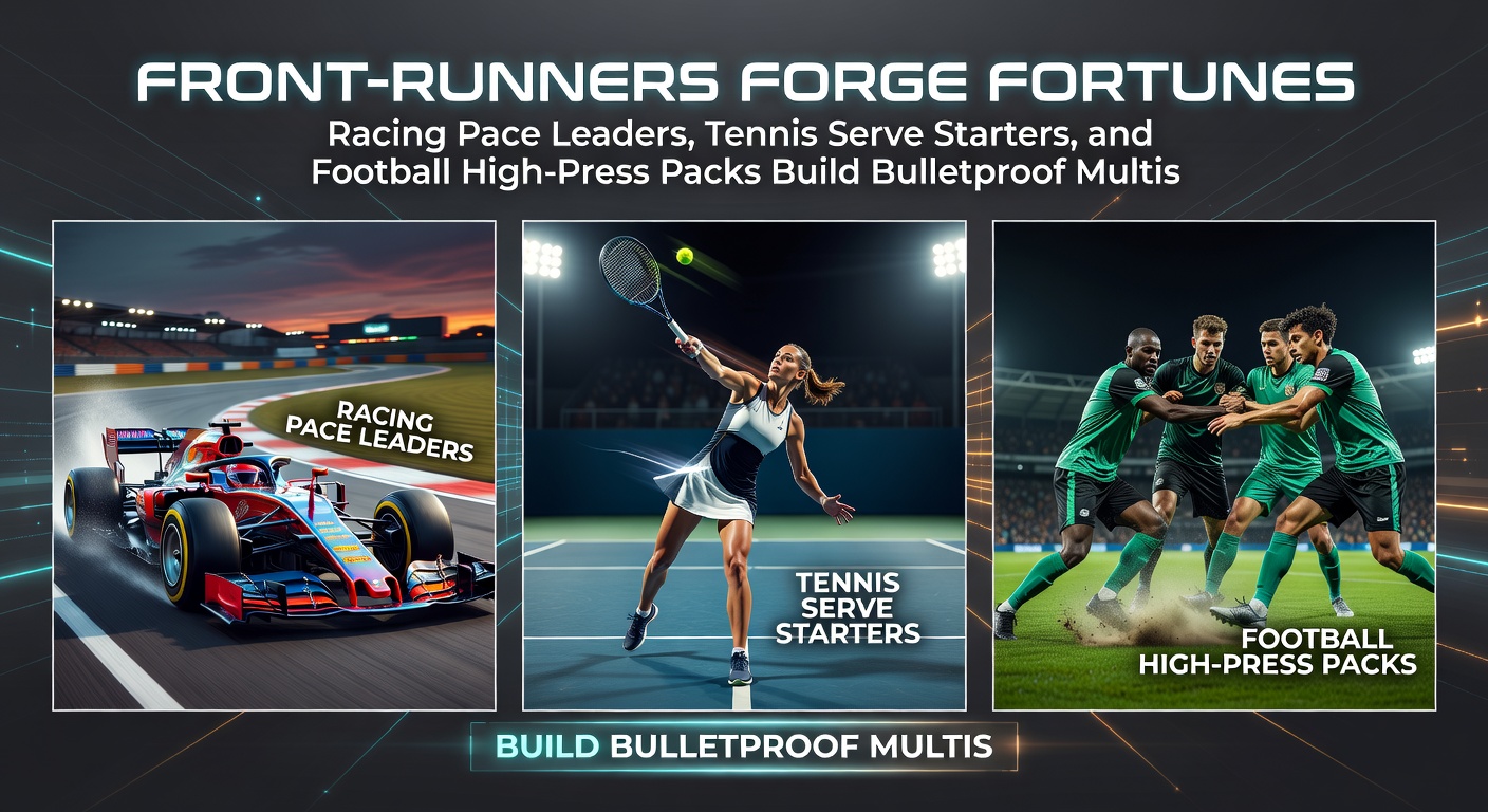 A dynamic split image showing a horse surging ahead in a race, a tennis player firing an ace serve, and footballers pressing high up the pitch, illustrating pace dominance across sports