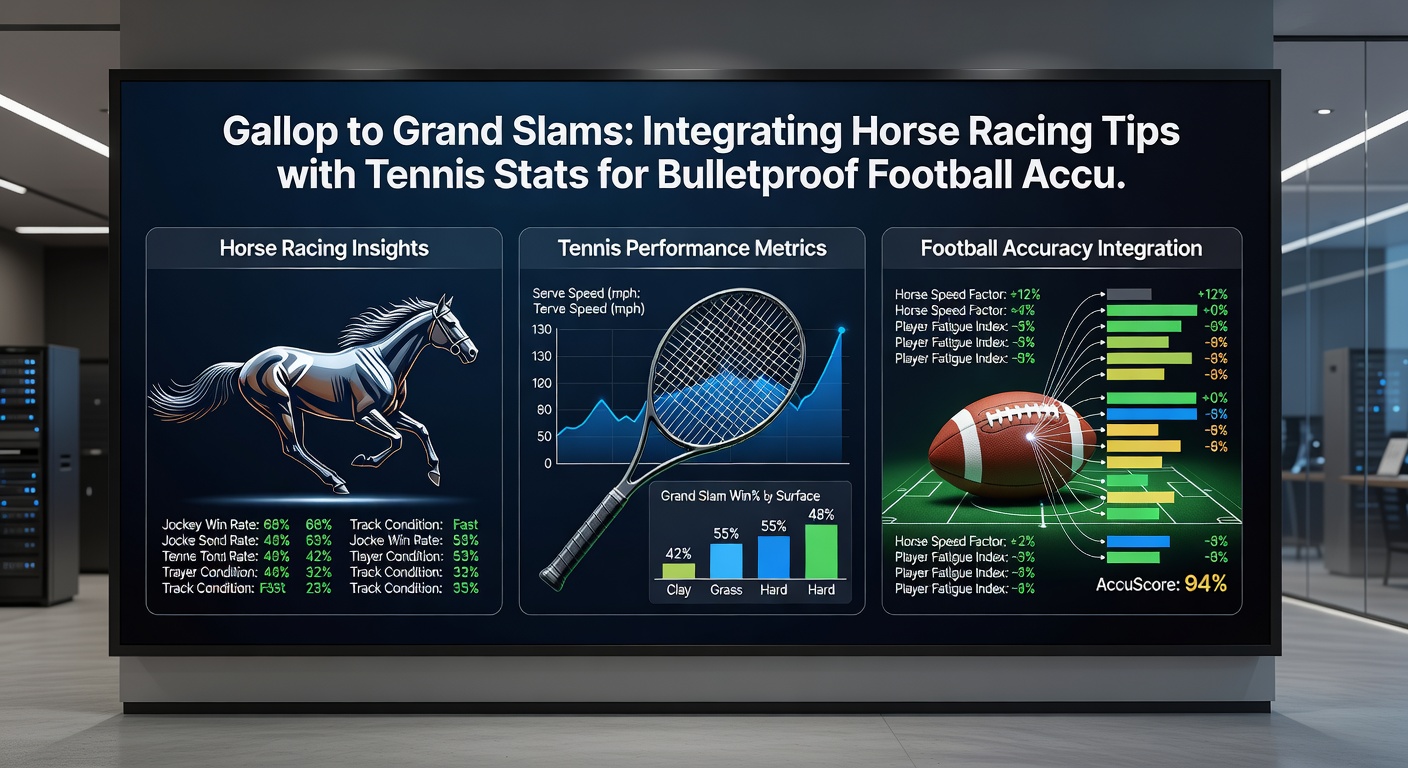 Dynamic overlay of a galloping racehorse, tennis player mid-serve, and football players in high-action scramble, symbolizing cross-sport statistical integration for betting