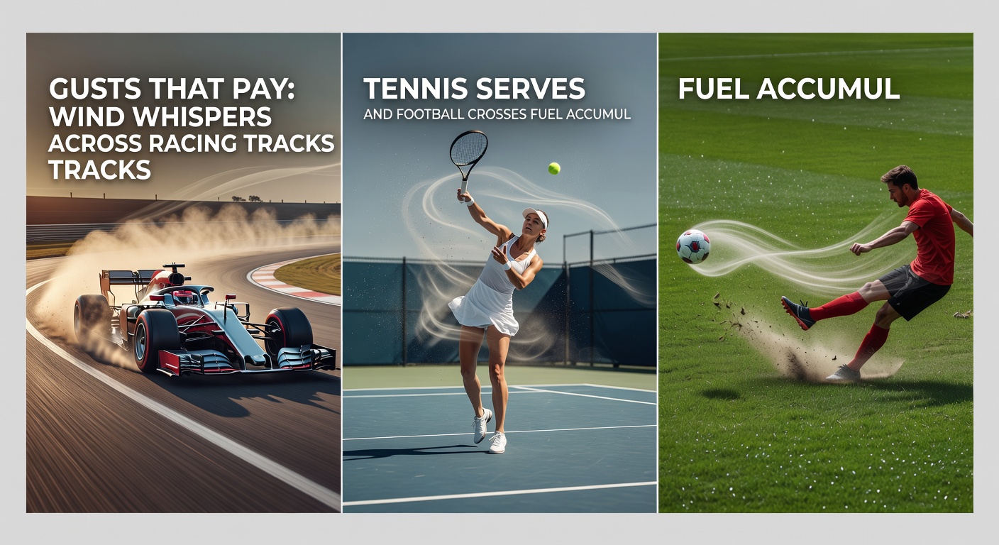Tennis player mid-serve on a windy outdoor court, ball visibly curving mid-air as flags flap wildly in the background