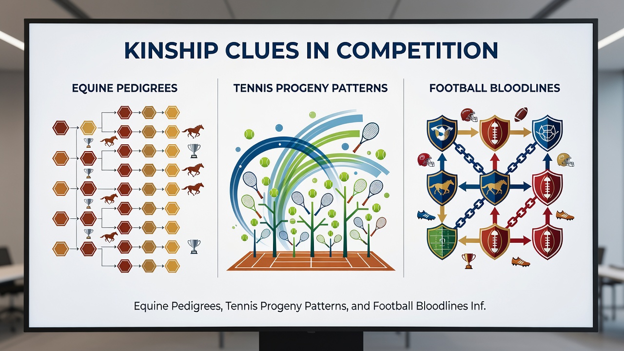 Side-by-side comparison of family lineage charts from racing, tennis, and football with overlaid performance metrics