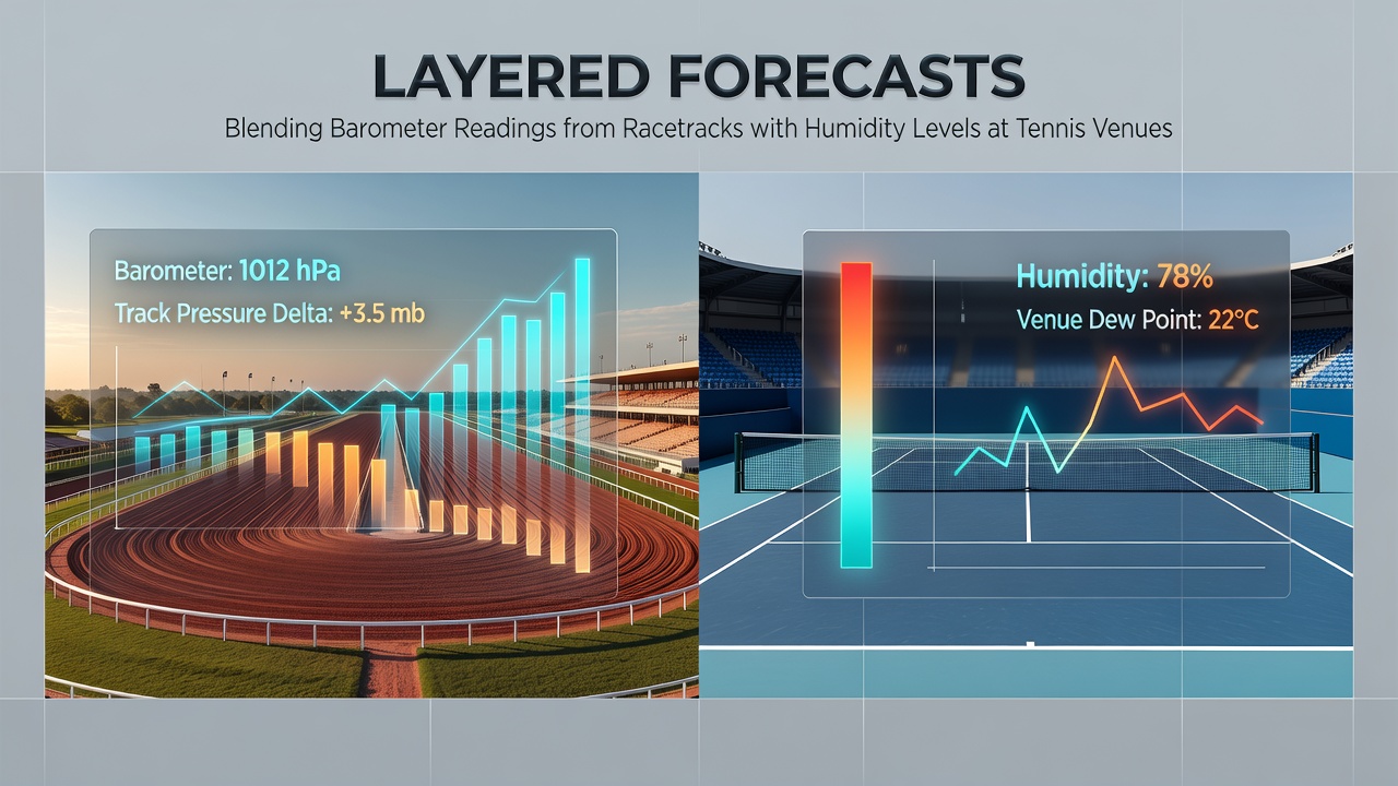 Integrated data dashboard displaying barometer trends from horse racing tracks merged with tennis humidity charts and football over-under projections