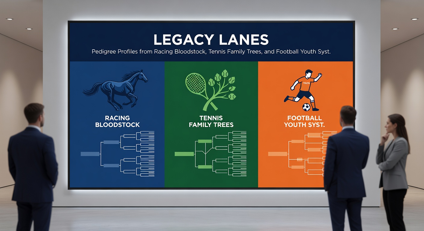 Tennis players shaking hands at net with family tree diagrams and football academy badges in background, illustrating cross-sport legacy influences