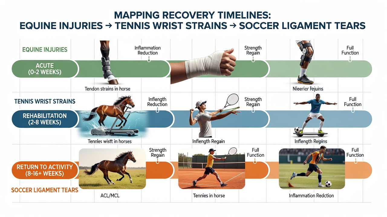 Chart comparing equine, tennis, and soccer injury recovery phases with key milestones and statistical benchmarks