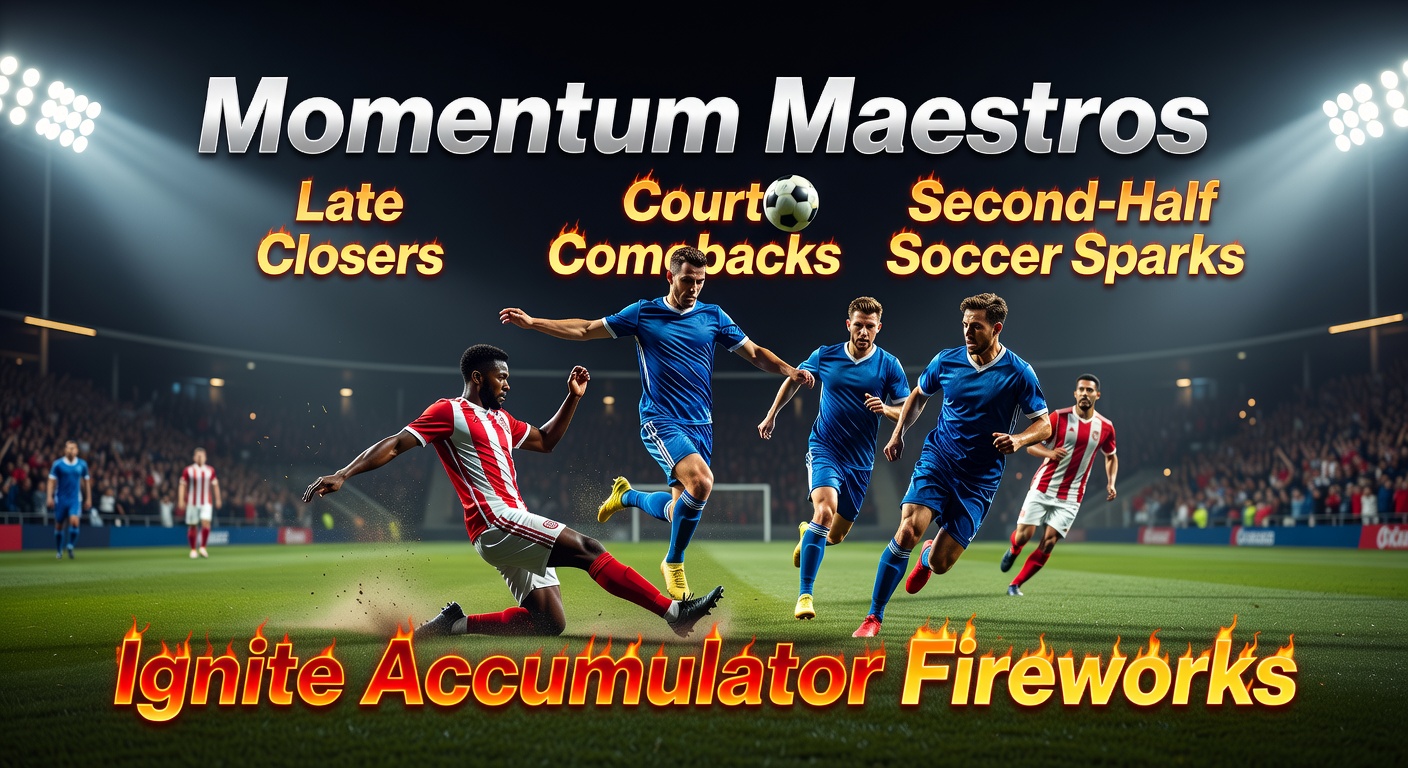 A dynamic collage showing a horse surging late in a race, a tennis player rallying from behind on court, and soccer players celebrating a second-half goal, symbolizing momentum shifts in sports betting