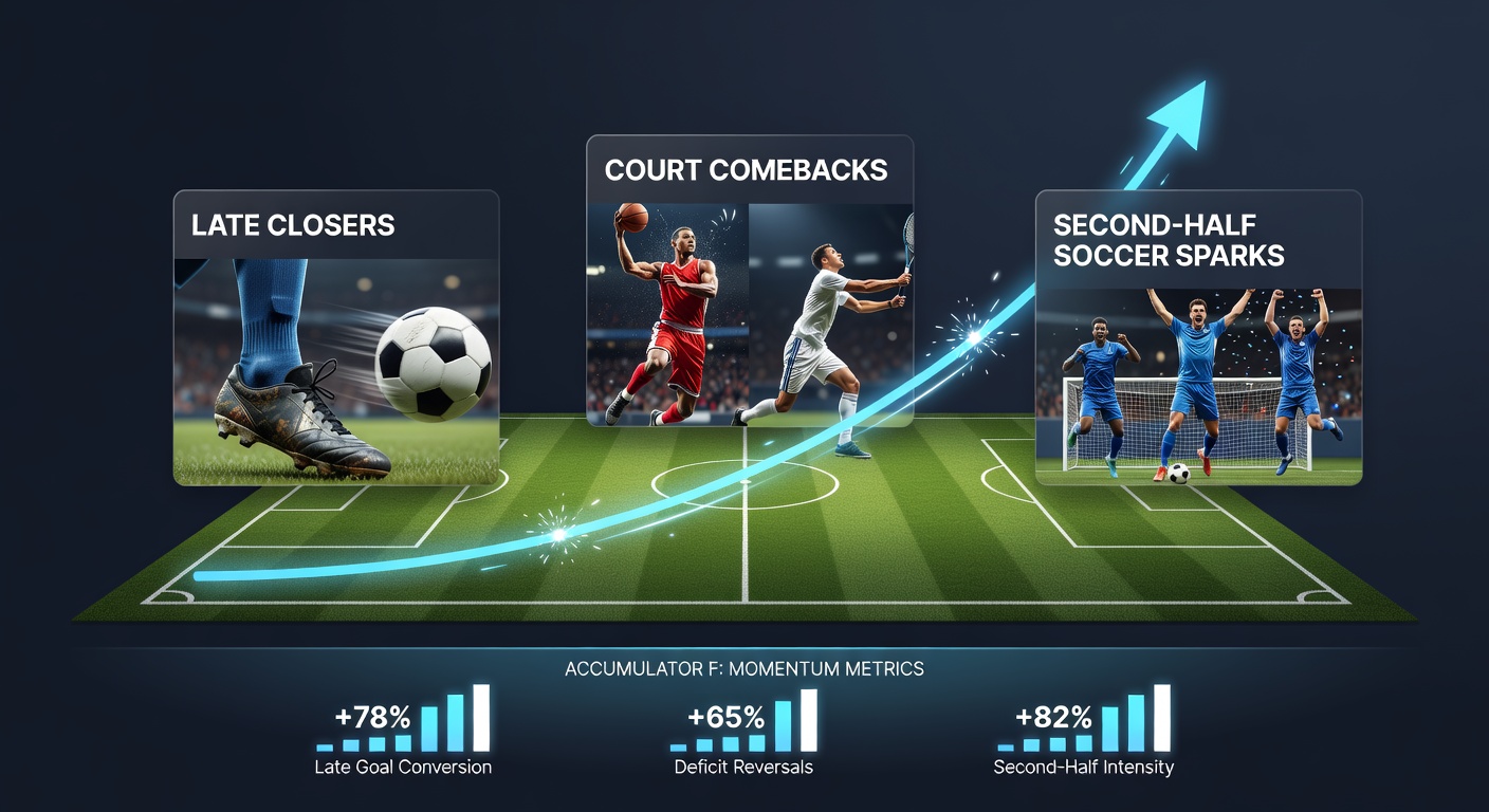 Graph overlaying charts of late horse racing finishes, tennis set win probabilities after losses, and football second-half goal surges, illustrating cross-sport momentum data for accumulators