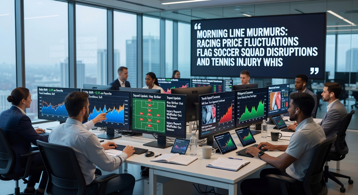 Tennis player receiving treatment on court next to a soccer pitch lineup board and fluctuating horse racing odds screen