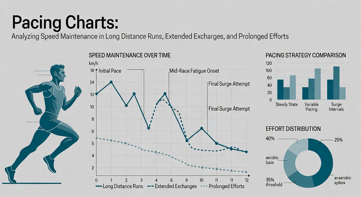 Detailed pacing chart overlay comparing long-distance running splits, tennis rally durations, and football half performance metrics