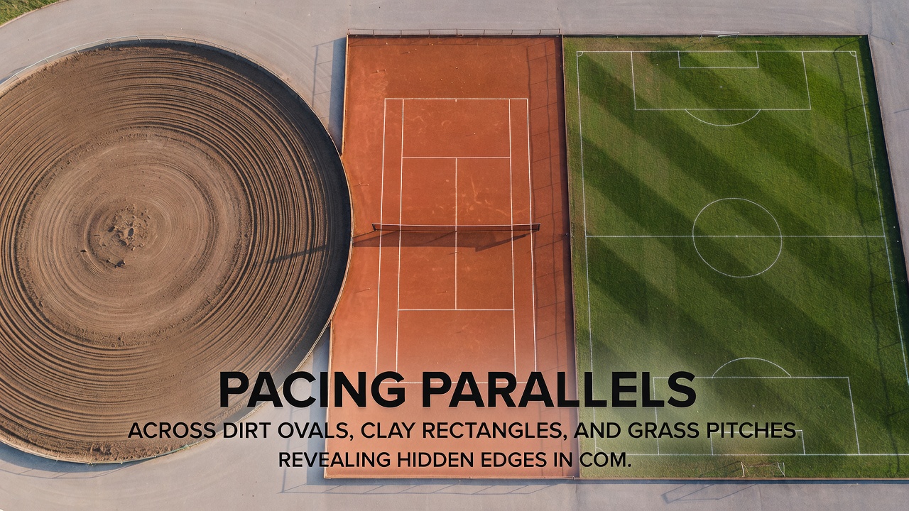 Data visualization overlaying pace charts from horse racing, tennis rallies, and football pressing zones