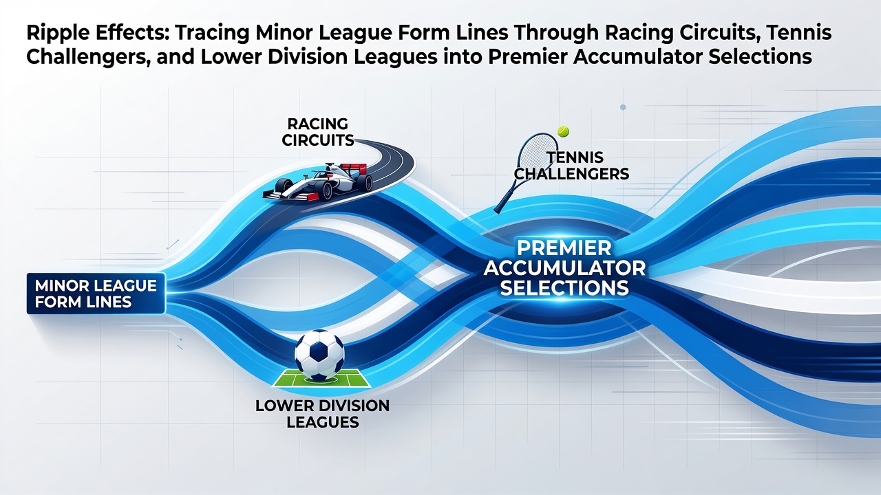 Racing circuits, tennis courts, and football pitches showing interconnected form lines flowing toward major events