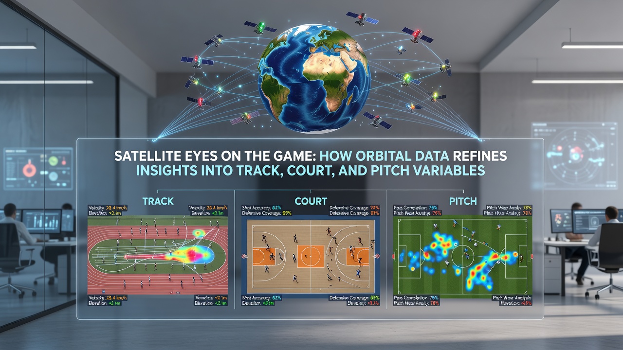 Data dashboard displaying satellite-derived moisture and temperature overlays on multiple sports surfaces