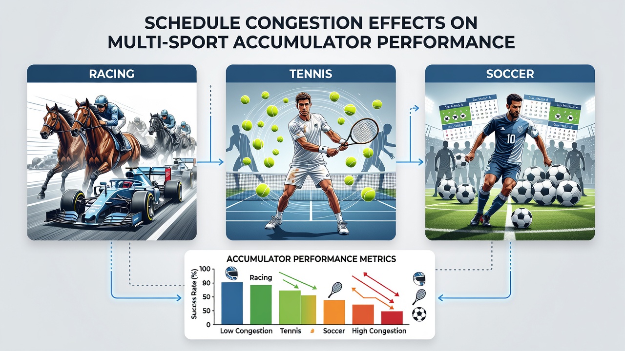 Infographic illustrating performance drops in congested schedules for soccer teams, tennis players, and racehorses with overlaid accumulator impact indicators