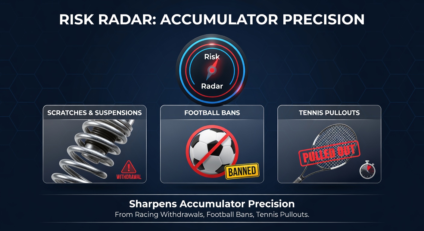 Horse racing scratch board at a track with trainers checking entries, alongside a football red card and a tennis player retiring mid-match