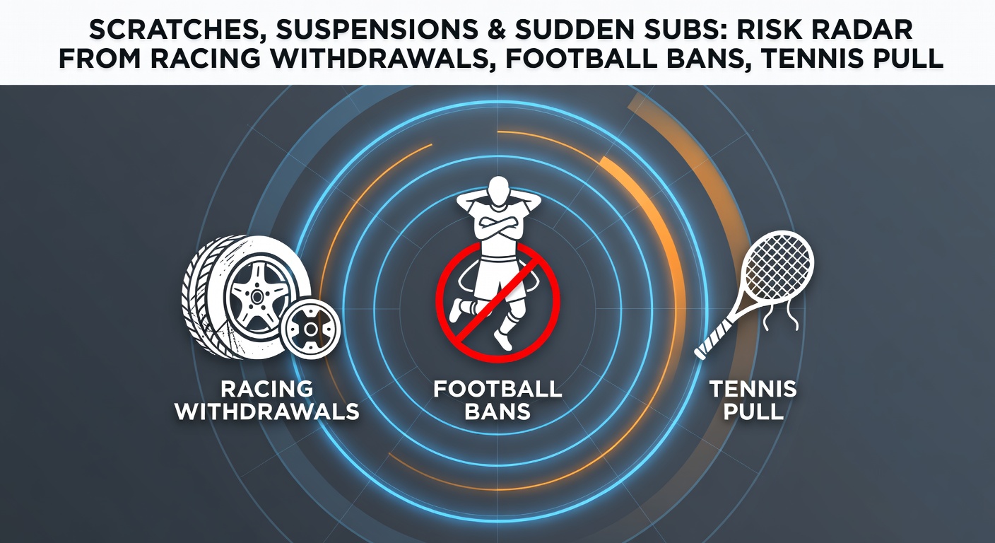 Tennis player shaking hands after a retirement, football pitch with a substitute entering, and a racing paddock with a scratched horse being led away