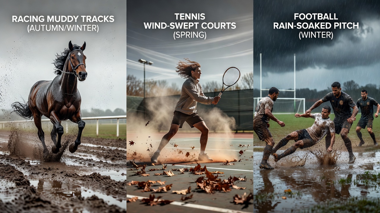 Layered multi-event betting construction diagram connecting seasonal weather impacts on racing, tennis, and football
