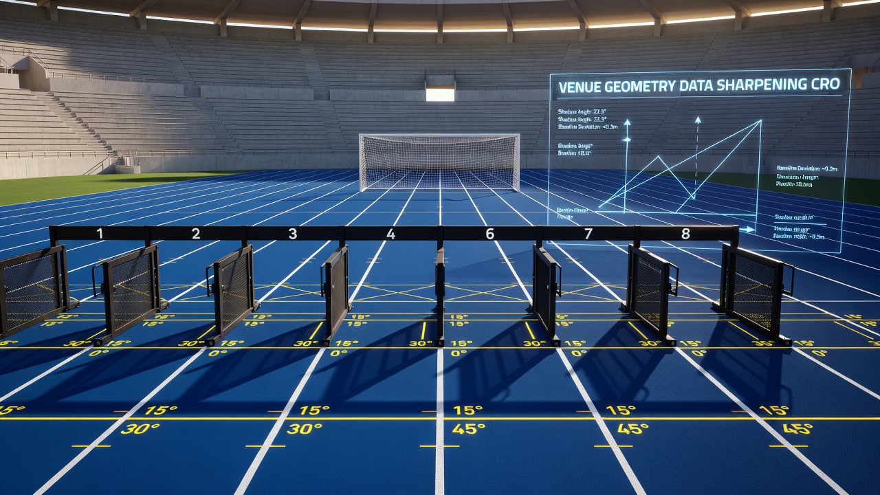 Integrated venue geometry charts displaying shadow projections, baseline alignments, and goal mouth measurements used in accumulator modeling