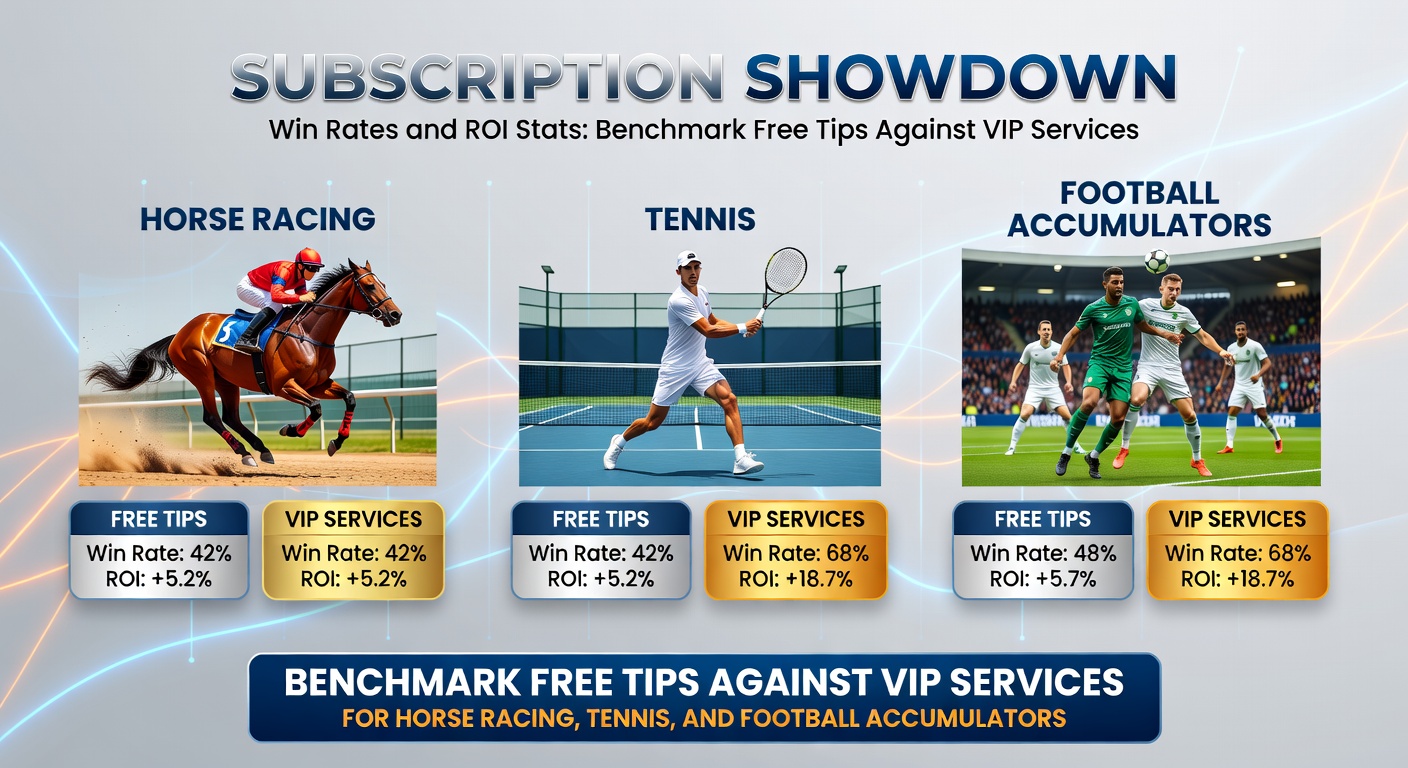 Chart comparing win rates and ROI for free versus VIP betting tips in horse racing, tennis, and football accumulators, highlighting performance gaps across sports