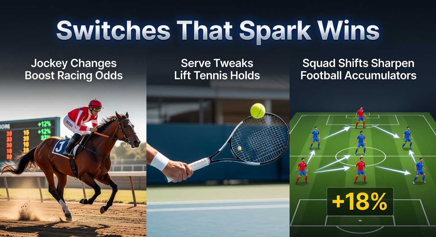 Horse racing jockey switching mounts mid-race, with tennis player adjusting serve and football manager signaling squad changes on the sidelines