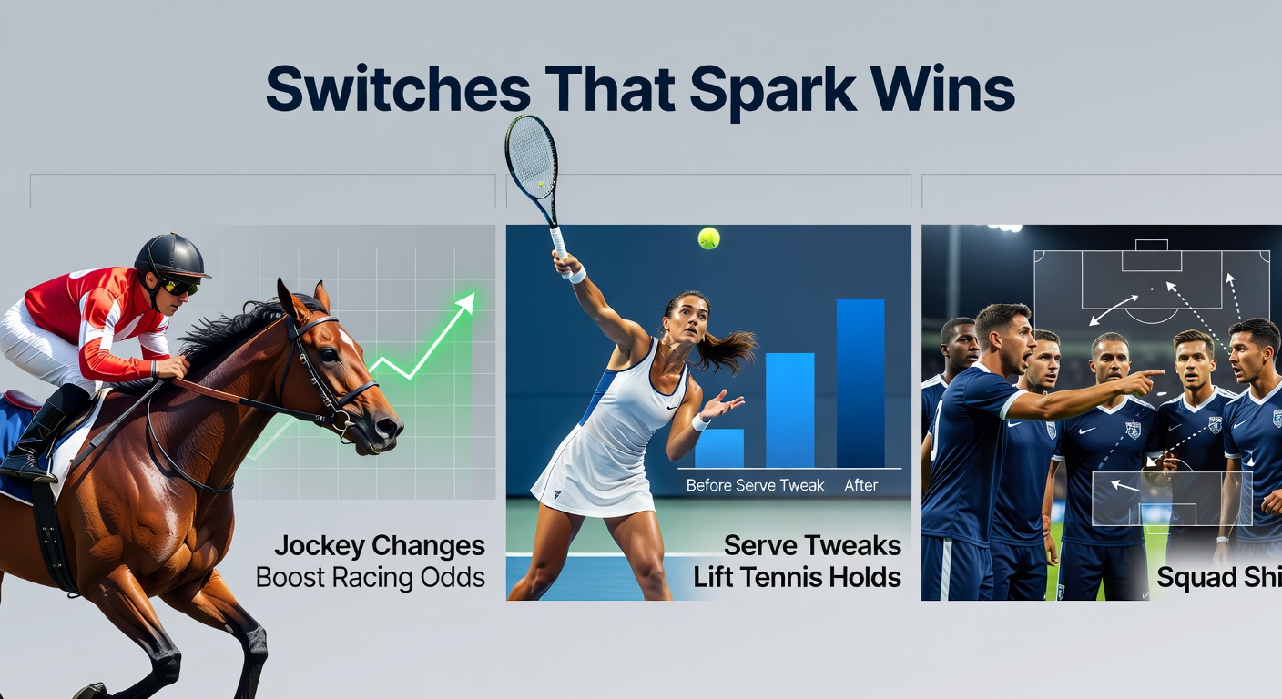 Tennis player mid-serve adjustment on clay court, overlaid with horse racing finish and football lineup board