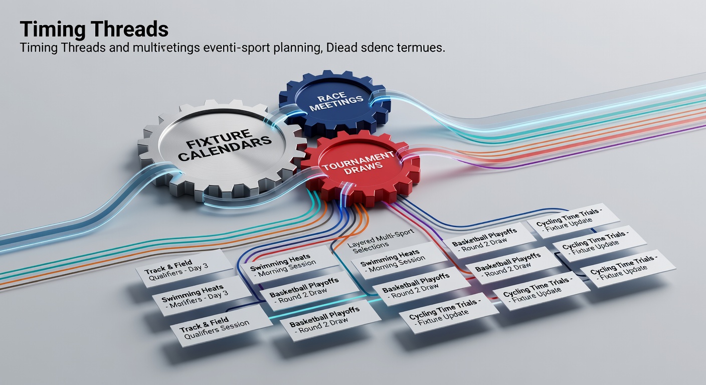 Sports calendars showing interlocked fixture schedules, race meetings, and tennis tournament draws for multi-sport planning