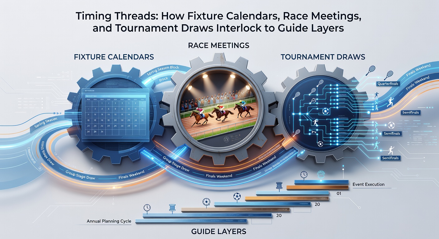 Detailed view of overlapping sports timelines with calendars, race programs, and tournament brackets