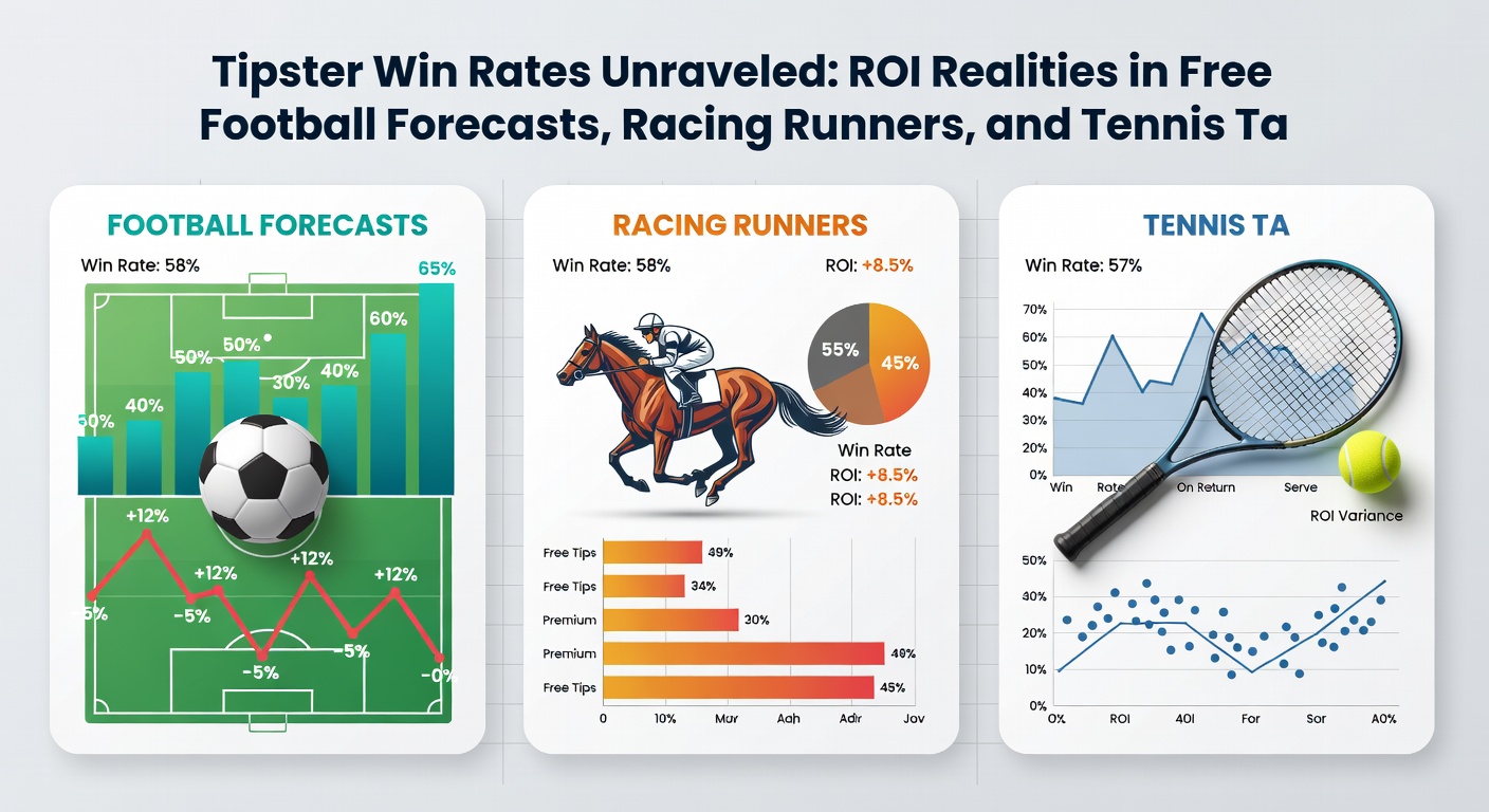 Horse racing track scene with overlaid win rate and ROI charts for tipster predictions