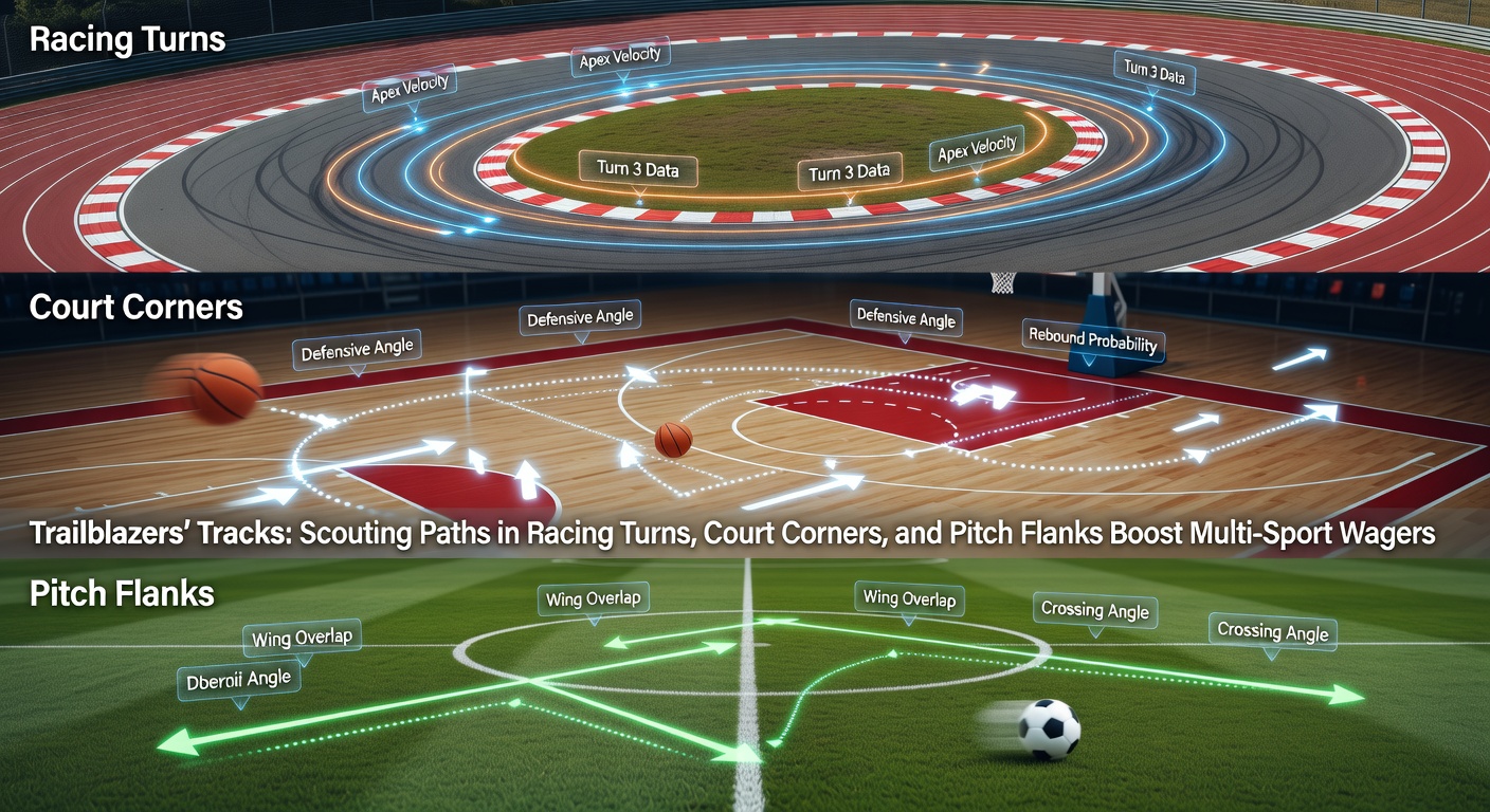 A dynamic visualization of a horse racing through a sharp turn at speed, with overlaid path lines showing inside rail advantages versus wide drifts
