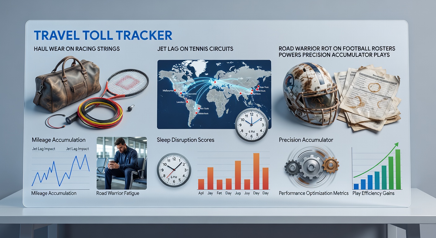 Horse trailer on a long haul road, tennis player looking fatigued at an airport, football team bus in heavy traffic, illustrating travel strains across sports