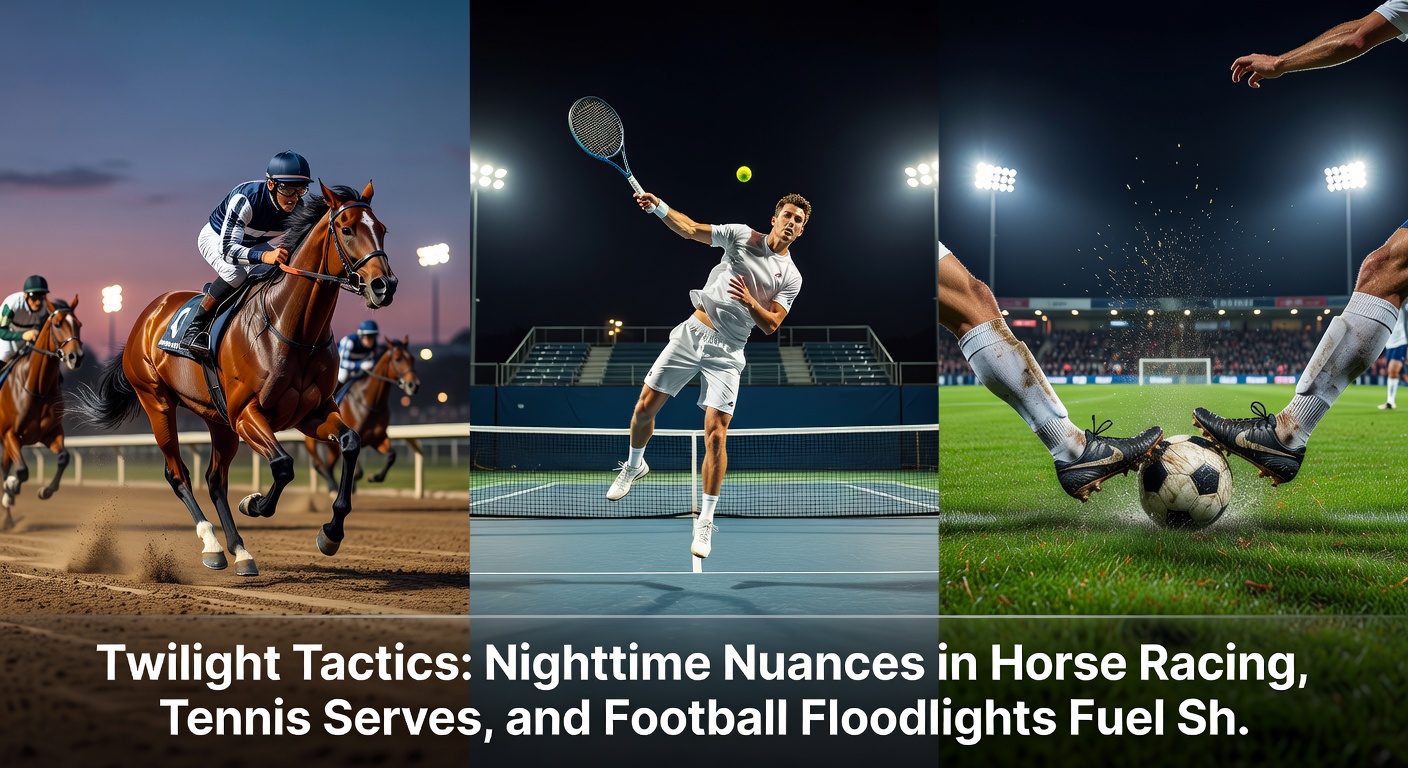 Floodlit football stadium at night, packed crowd cheering as players battle under bright lights with tennis court and race track subtly in background for thematic link