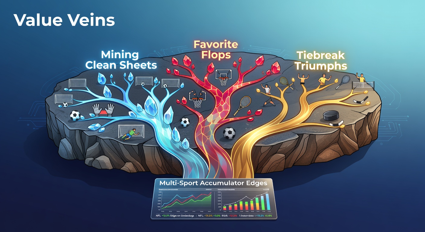 Visual representation of intertwined sports stats revealing hidden betting value in accumulators, featuring football nets, tennis courts, and upset charts