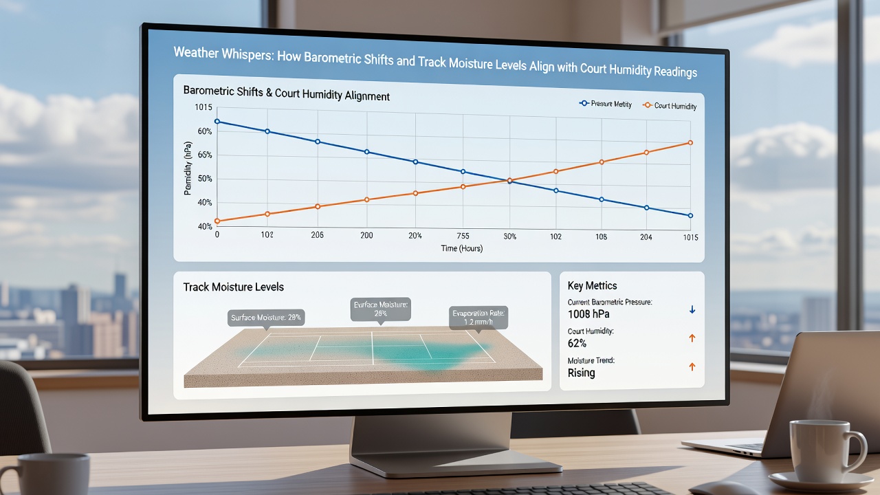 Integrated weather dashboard showing track moisture, court humidity, and pressure trends for multi-sport betting