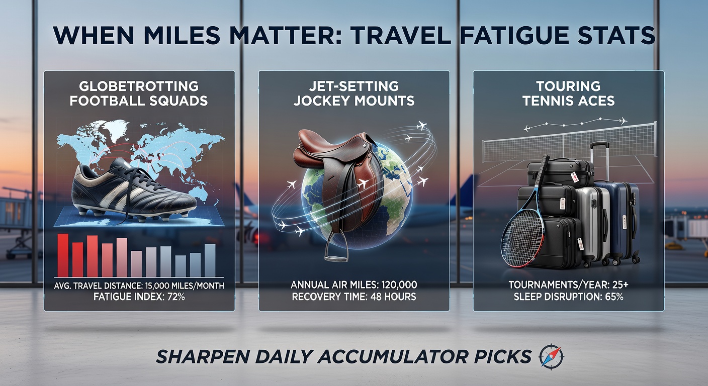 A weary football squad disembarks from a long-haul flight, jockey checks a horse after international shipping, and a tennis ace rubs tired eyes post-tournament travel