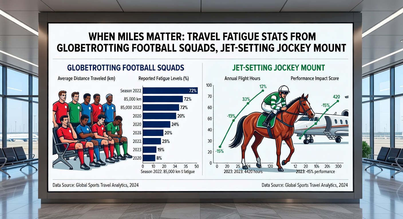 Tennis player stretches during practice after a long flight, football bus stuck in traffic en route to stadium, and a horse trailer on a cross-country highway