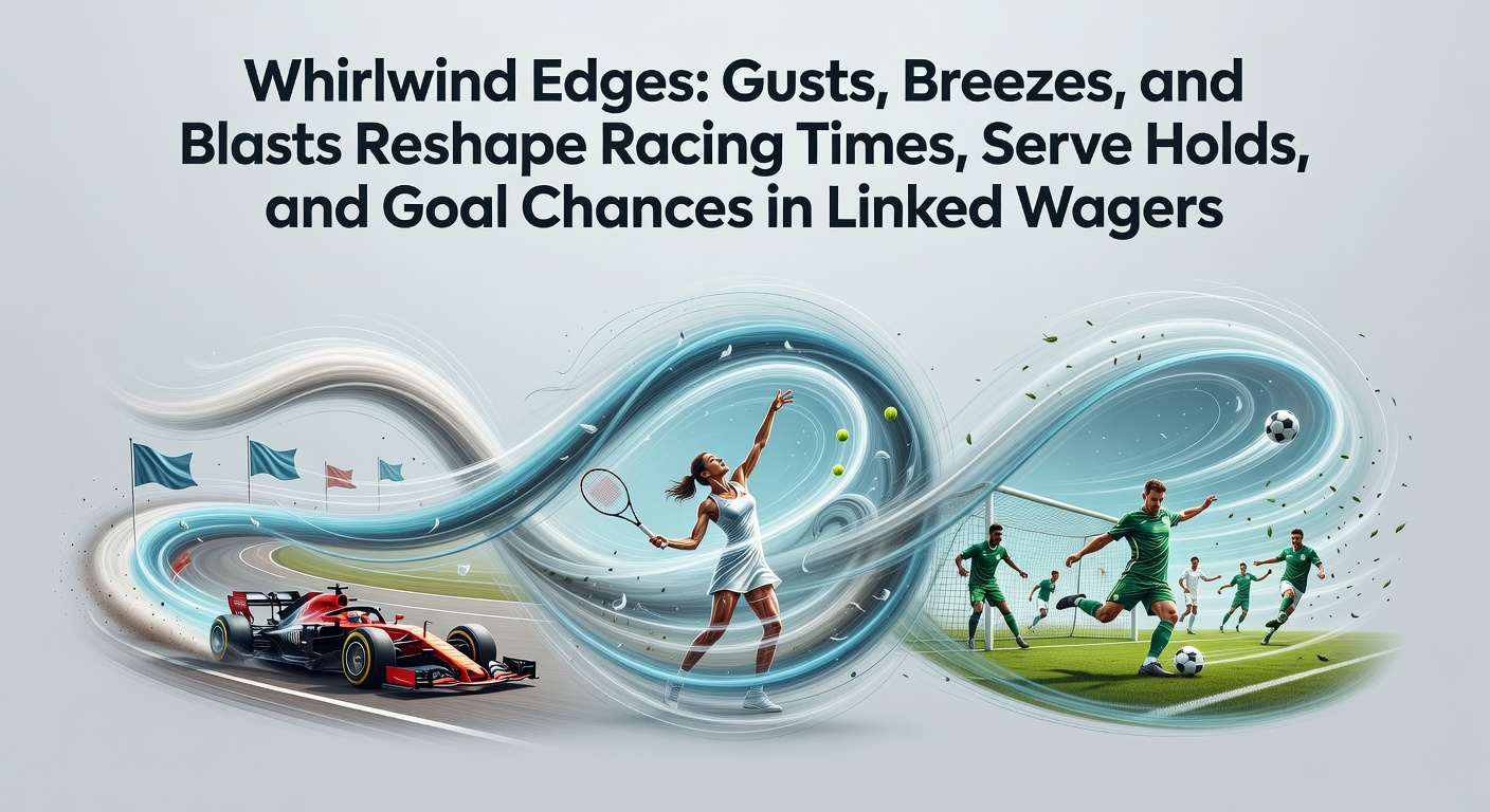 Horse racing field navigating strong crosswinds during a sprint, with jockeys leaning into gusts as track times shift dramatically