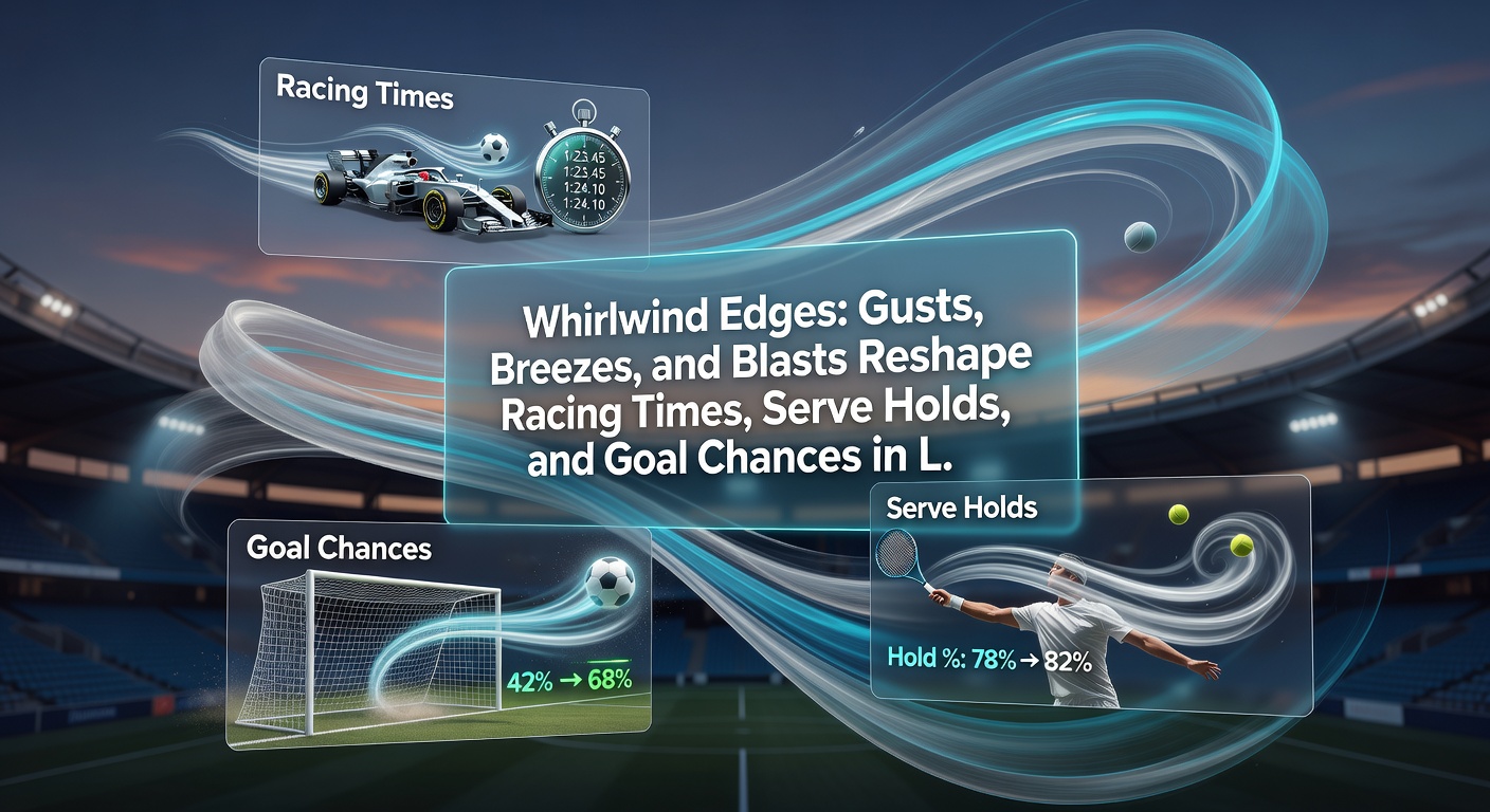 Tennis player battling swirling winds on serve, ball curving mid-flight as hold percentages plummet in gusty conditions